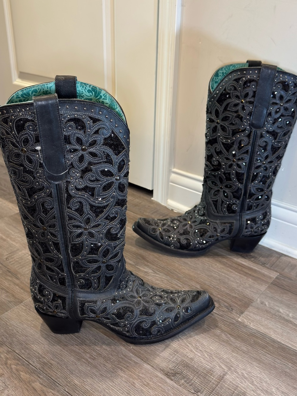 Corral Glitter Inlay Floral Overlay Crystal Stud Cowboy Black Leather Boot A3589
